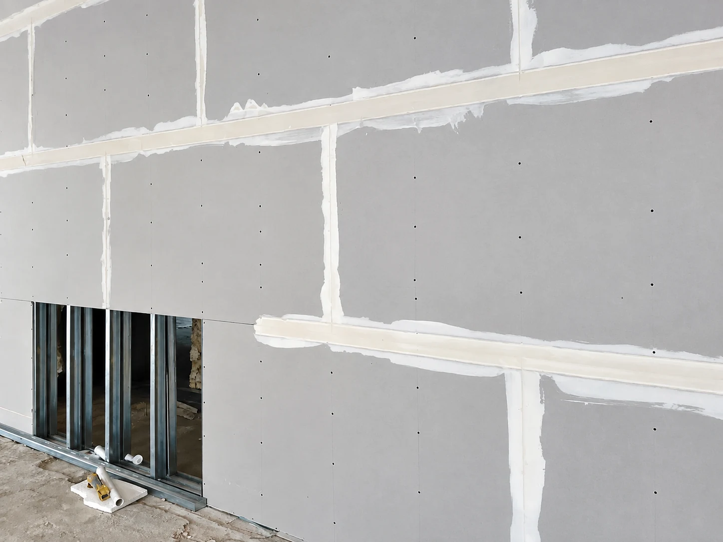 Gipskartonwand mit verspachtelten Fugen und Installationsöffnung